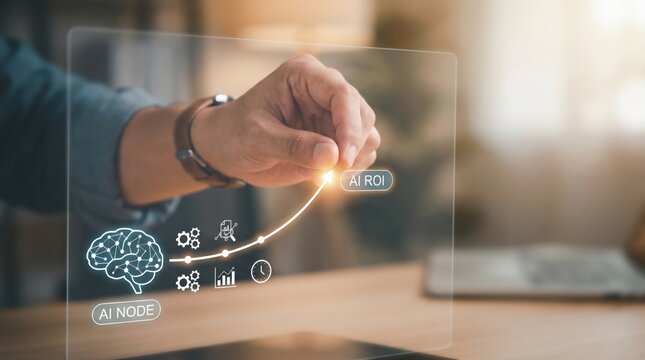 AI investment cycle - A hand lifts a rising productivity curve on a minimal interface, symbolizing increased efficiency and ROI after integrating AI into business workflows.