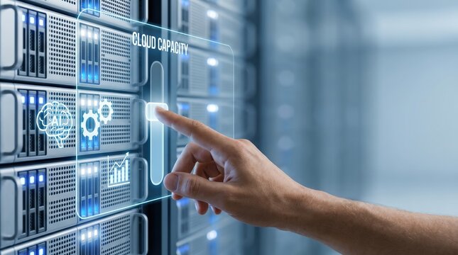 AI investment cycle - A hand increases a digital cloud capacity bar as connected server nodes illuminate, illustrating cloud computing in a sleek, modern interface.