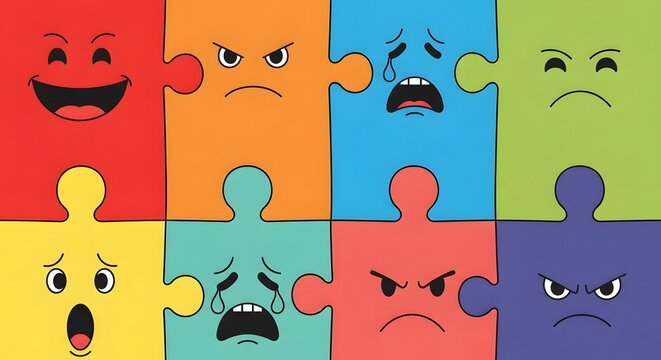 Colorful Puzzle Pieces Displaying Diverse Human Emotions and Expressions.
