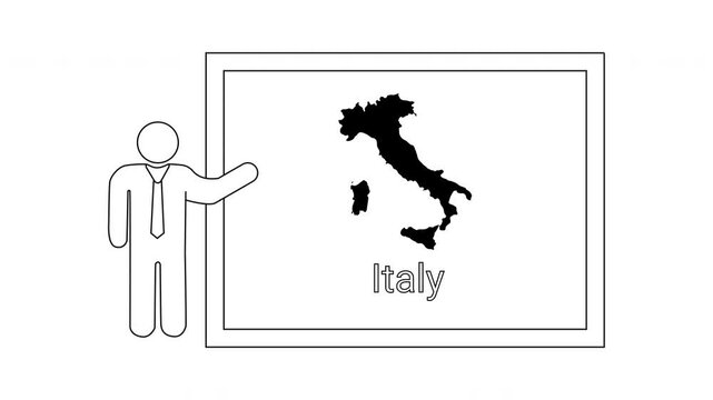 Man presenting map of Italy on a whiteboard.