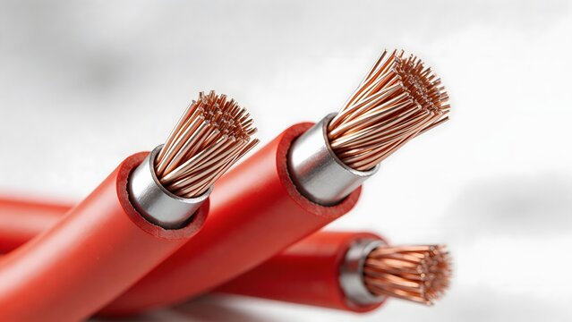 Closeup of copper wires in red cables
