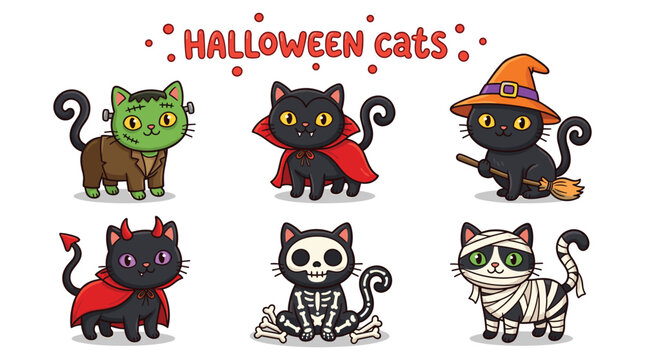 Cute Halloween Cats Character Set with Vampire Witch Devil Mummy Skeleton and Frankenstein Cat Costumes for Spooky Party and Holiday Designs.