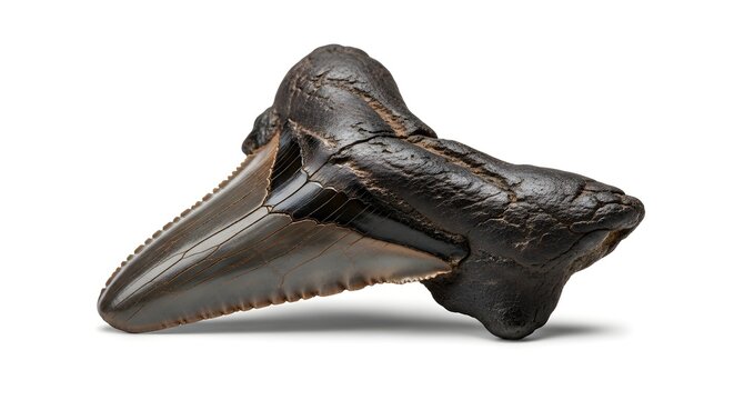 Fossilized Megalodon Shark Tooth Isolated on White Background.
