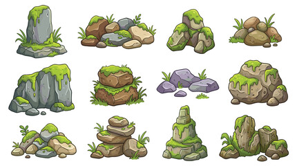 Cartoon Mossy Rock Collection with Fantasy Stone Nature Elements for Game Assets Forest Landscape and Adventure Environment Design Projects. © Mahamuda Studio 