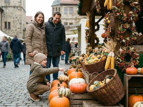 Kind w&auml;hlt K&uuml;rbis auf Markt - Eltern schauen zu, Altstadt