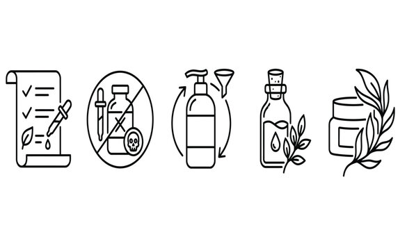 Set of organic skincare product icons showing natural ingredients and chemical free laboratory testing process steps
