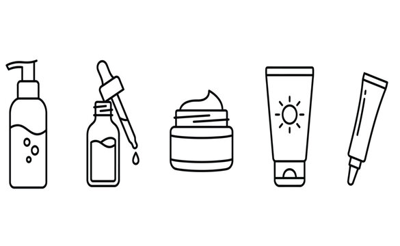 Collection of skincare beauty product icons featuring bottles tubes and jars in a minimalist line style