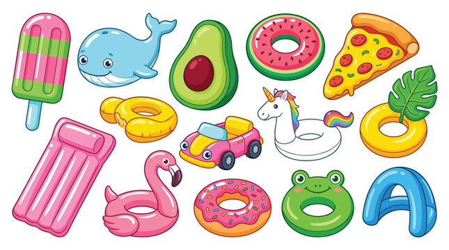 Cute Summer Pool Float Collection with Inflatable Food Animal and Vacation Toy Illustrations for Beach Party and Holiday Design Projects.