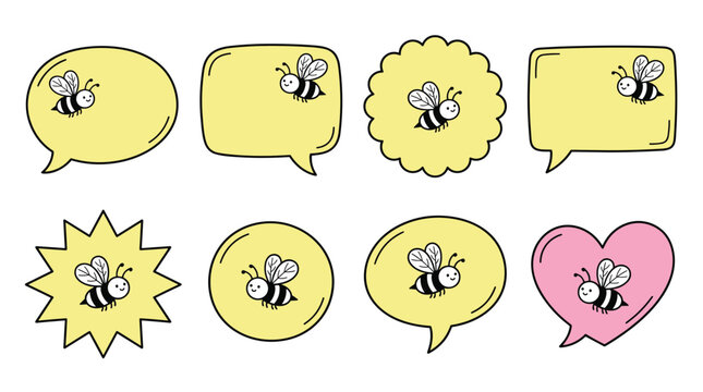 Cute Bee Speech Bubble Collection with Cartoon Honey Bee Message Icons for Kids Communication Stickers and Social Media Design Projects.