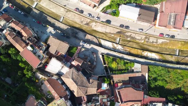 Overhead vertical aerial panorama of Vietri sul Mare town in Campania Italy