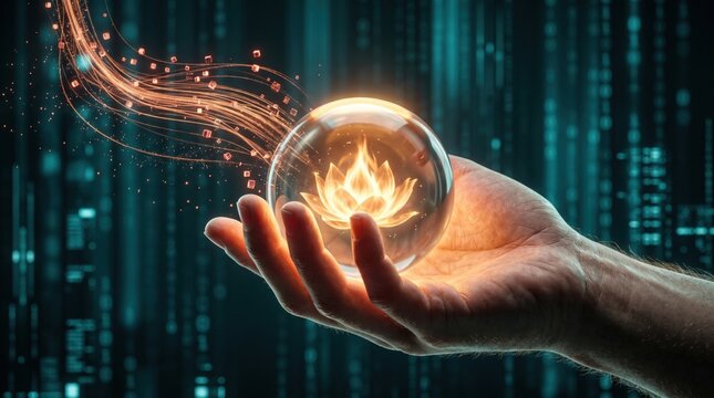 Mystic Orb of Knowledge: A hand gently cradles a glowing crystal ball, within which a luminous lotus flower shines brightly.