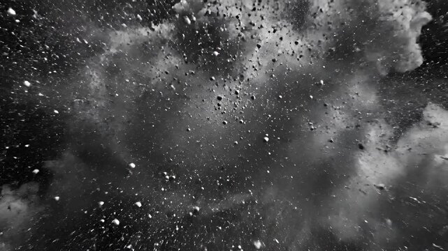 Dramatic Black and White Explosion Bursting Dust Particles and Debris.