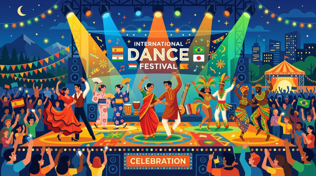 Colorful dancers performing cultural dances on a vibrant stage during an international festival celebration under night lights