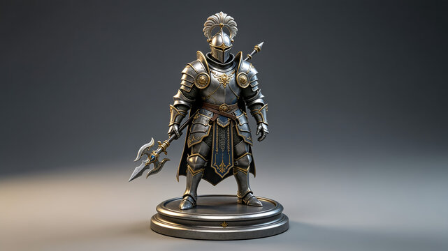 Detailed 3D digital sculpture of a fantasy knight in ornate silver and gold plate armor, holding a decorative polearm on a circular pedestal.