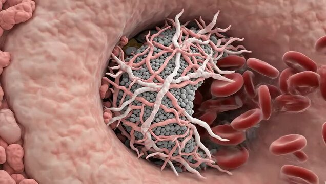 Platelets rapidly gathering at a ruptured plaque site, forming a blood clot that begins to block the artery