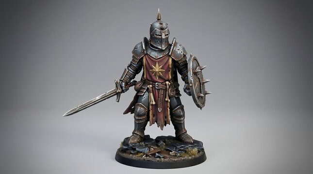 A detailed miniature of a dark fantasy knight in weathered plate armor, wielding a sword and spiked shield, with a star emblem on his tabard.