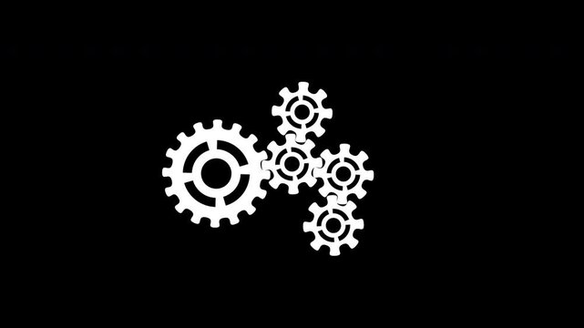 White spinning gears animation with alpha channel featuring mechanical cogs rotating together in a seamless loop for industrial and technical concepts. 4K video with alpha channel