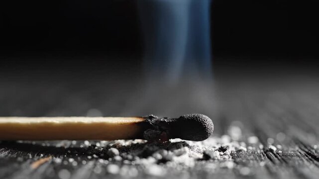 Burning matchstick on dark surface.