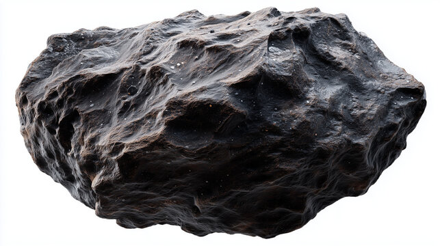 Realistic dark asteroid isolated on transparent background, featuring rugged cratered surface and detailed rocky texture. High-quality 3D render ideal for space, astronomy, science, and game design pr