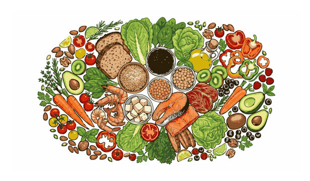 Title: Healthy food wheel with assorted organic ingredients proteins carbohydrates and vitamins realistic sketch vector