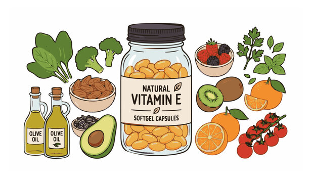 Title: Vitamin E supplement bottle with organic fruits vegetables nuts berries and oils isolated flat vector