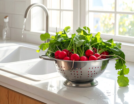 Fresh Radishes Being Washed in a Kitchen Sink Colander.