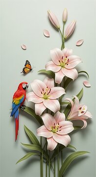 Colorful parrot perched on pink lily flowers with butterfly