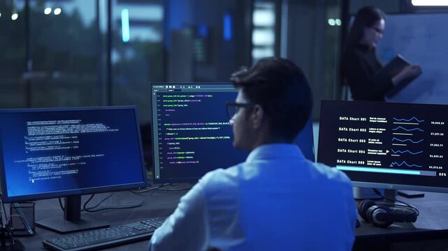 Young male software engineer writing program code on multiple desktop screens while his colleague working in the background in a modern office.