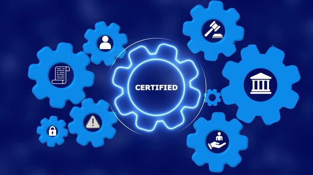 Blue gear mechanism with central glowing circle displaying the word certified surrounded by various legal and judicial on dark background