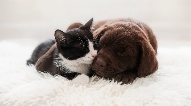 Adorable chocolate labrador puppy and cute black and white tuxedo kitten sleeping peacefully together on a soft white faux fur blanket in a cozy studio setting capturing a heartwarming friendship.