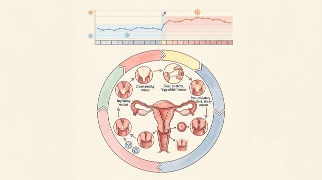 The stages of the menstrual cycle and different types of cervical mucus for educational purposes regarding womens health.