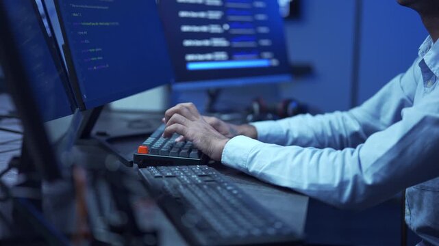 Close-up of male's hand software engineer coding new application project