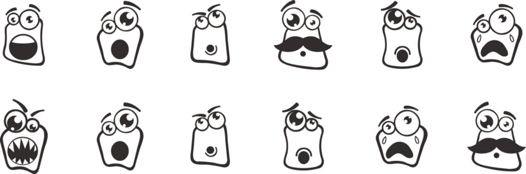 Cute cartoon monster face icon set with funny ghost expressions for stickers and mascot design. Playful doodle character collection isolated on light background. Hand drawn emoji creatures for kids