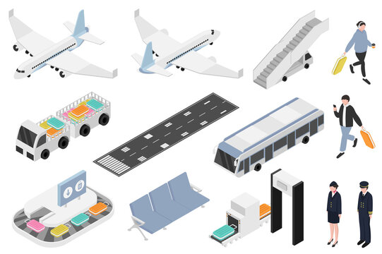 Airport isometric elements constructor mega set. Creator kit with flat graphic airplanes, security control, baggage line, seats in waiting room, passengers. Illustration in 3d isometry design.