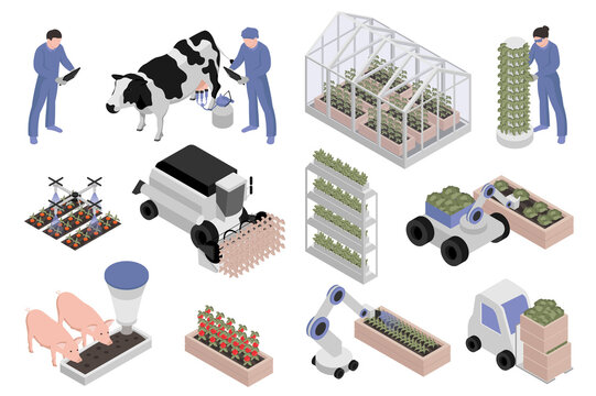 Greenhouse farming isometric elements constructor mega set. Creator kit with flat graphic farmers, livestock, smart planting automation machinery, harvesting. Illustration in 3d isometry design.
