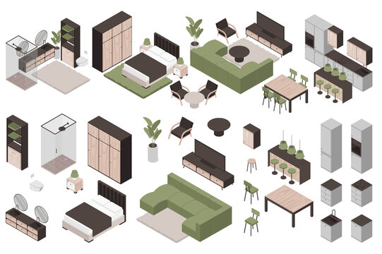 Furniture isometric elements constructor mega set. Creator kit with flat graphic interior objects for bathroom, bedroom, living room, dining and kitchen. Illustration in 3d isometry design.