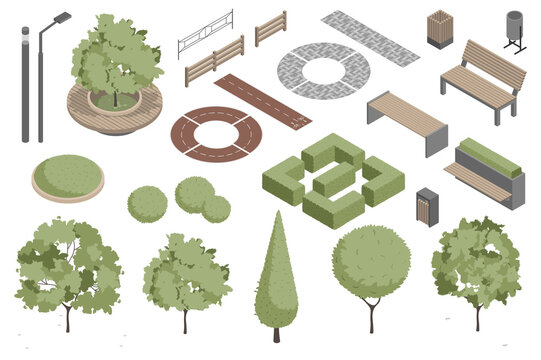 Modern park isometric elements constructor mega set. Creator kit with flat graphic street lanterns, trees and bushes, fences, benches, trash bins, pathes. Illustration in 3d isometry design.