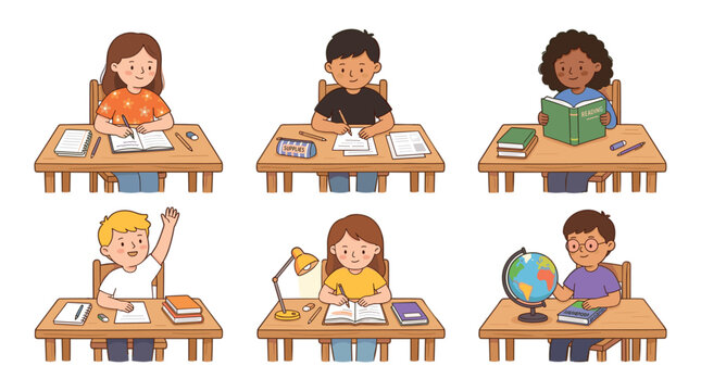Cute School Children Studying Reading Writing and Learning at Classroom Desks Featuring Education Homework Books Geography and Academic Activities Illustration.