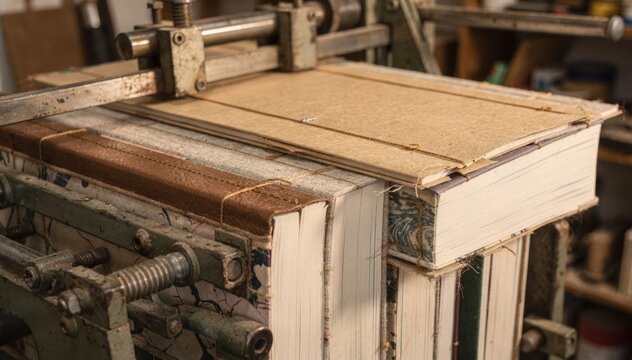 Closeup medium shot of a binding machine assembling shortrun blankbooks with unique cover designs emphasizing the artisanal quality and tailored finishing process.