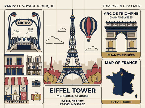 Paris France Travel Illustration with Eiffel Tower, Arc de Triomphe, and Iconic Landmarks - Vector Infographic Poster for Tourism