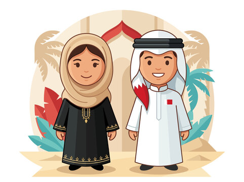 Flat Vector Illustration of a Bahraini Man and Woman in Traditional Dress, Thobe and Abaya, with a Desert and Mosque Background