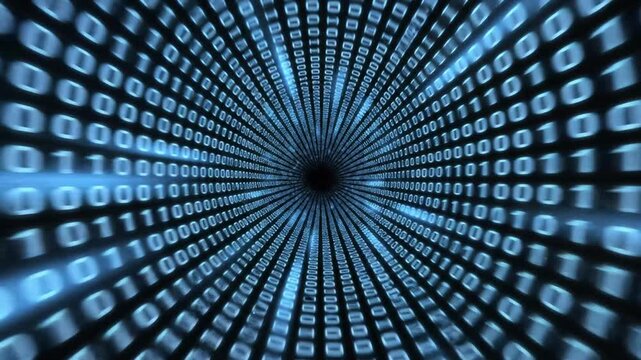 Abstract blue digital tunnel of binary code data.