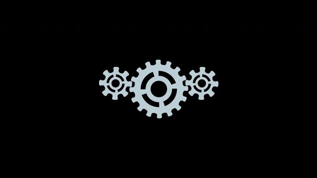 Three spinning gears rotating on a transparent background with mechanical cogs turning together in a loop for industrial machinery concept animation. 4K video with alpha channel