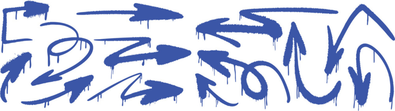 Blue graffiti arrows and spray paint marks with dripping street art textures for urban design. Dynamic hand drawn symbols create bold hip hop style elements. Abstract vector set for modern backgrounds