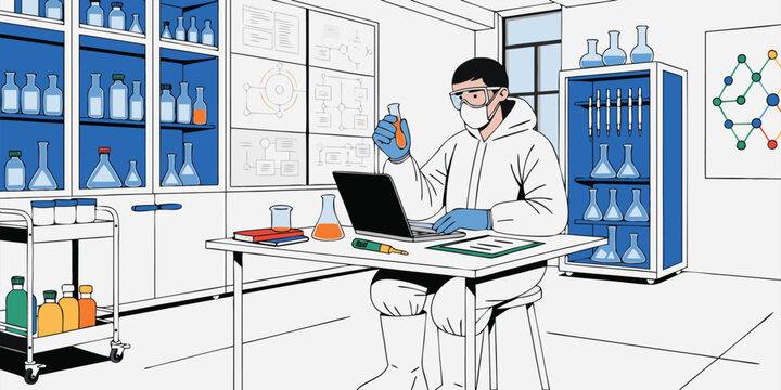 Scientist in protective gear analyzing liquid sample and recording data on computer in biotechnology laboratory