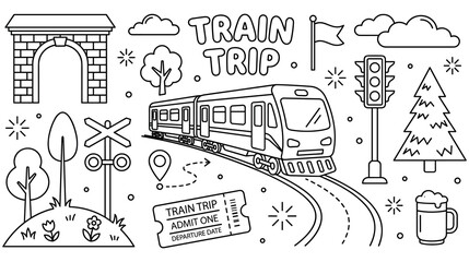 Train trip adventure doodles with locomotive and travel icons. © NAZMA