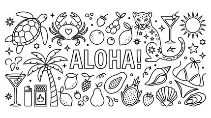 Aloha tropical elements with exotic animals and beach symbols. © NAZMA
