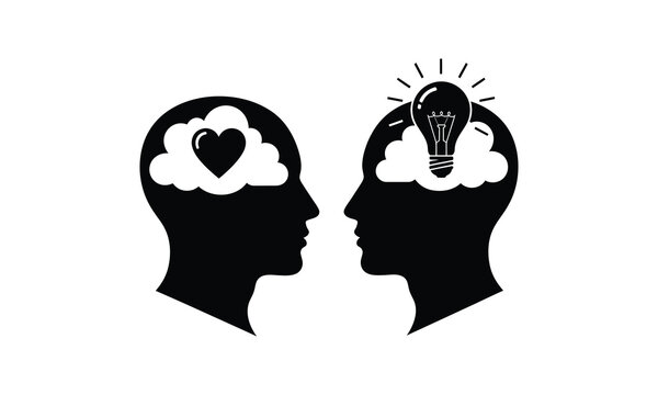 Silhouette of two heads with heart and lightbulb in thought bubbles