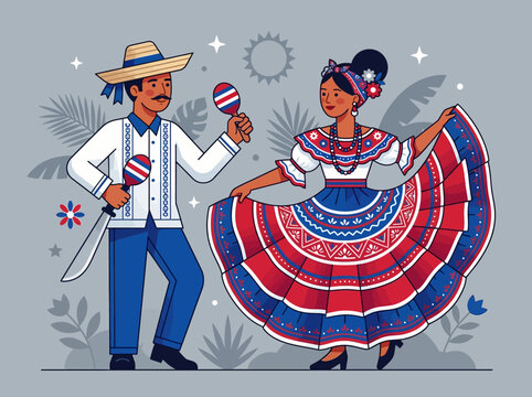 Traditional Costa Rican Folk Dancers Illustration - Couple in National Costumes with Maracas and Machete, Guanacaste Cultural Heritage Vector Art