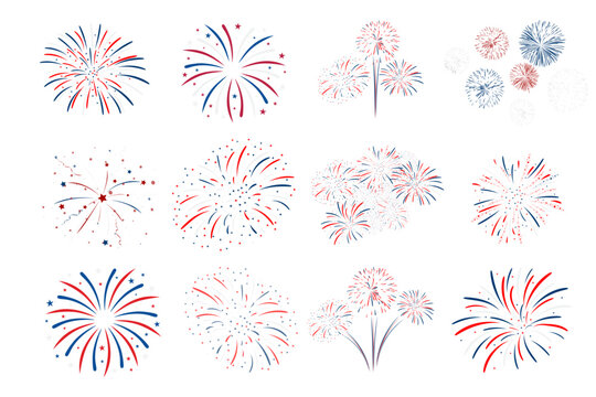 Isolated Festive Vector Elements / Patriotic Red White and Blue Fireworks Clipart Set
